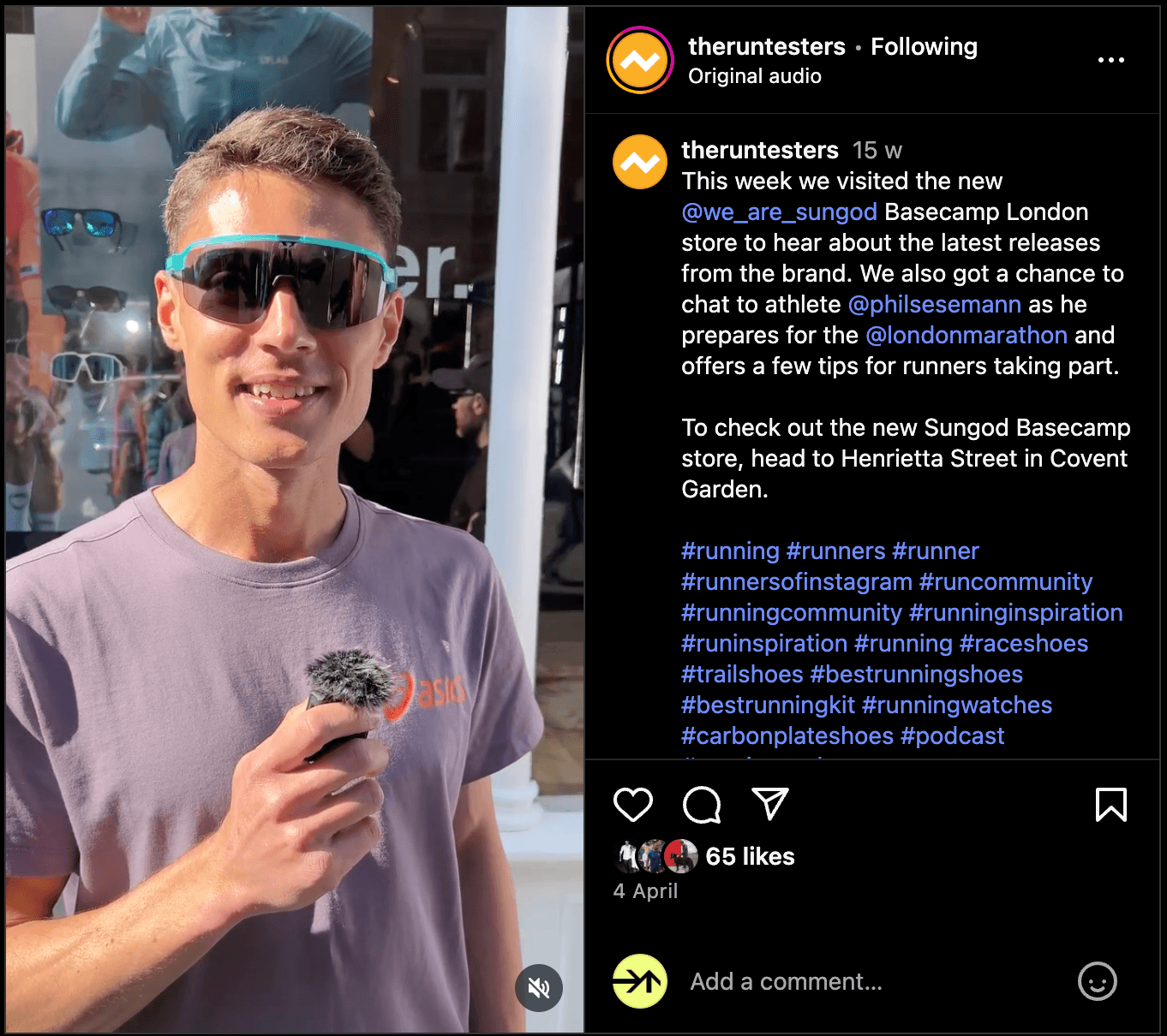 The Run Testers Instagram Post on SunGod Store Launch